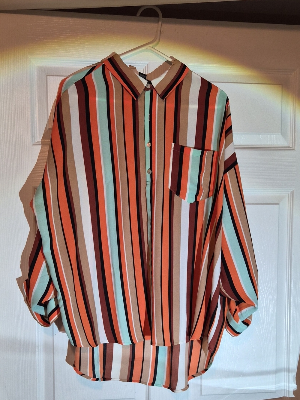 Striped Button-Up Shirt in Orange, Blue & Brown